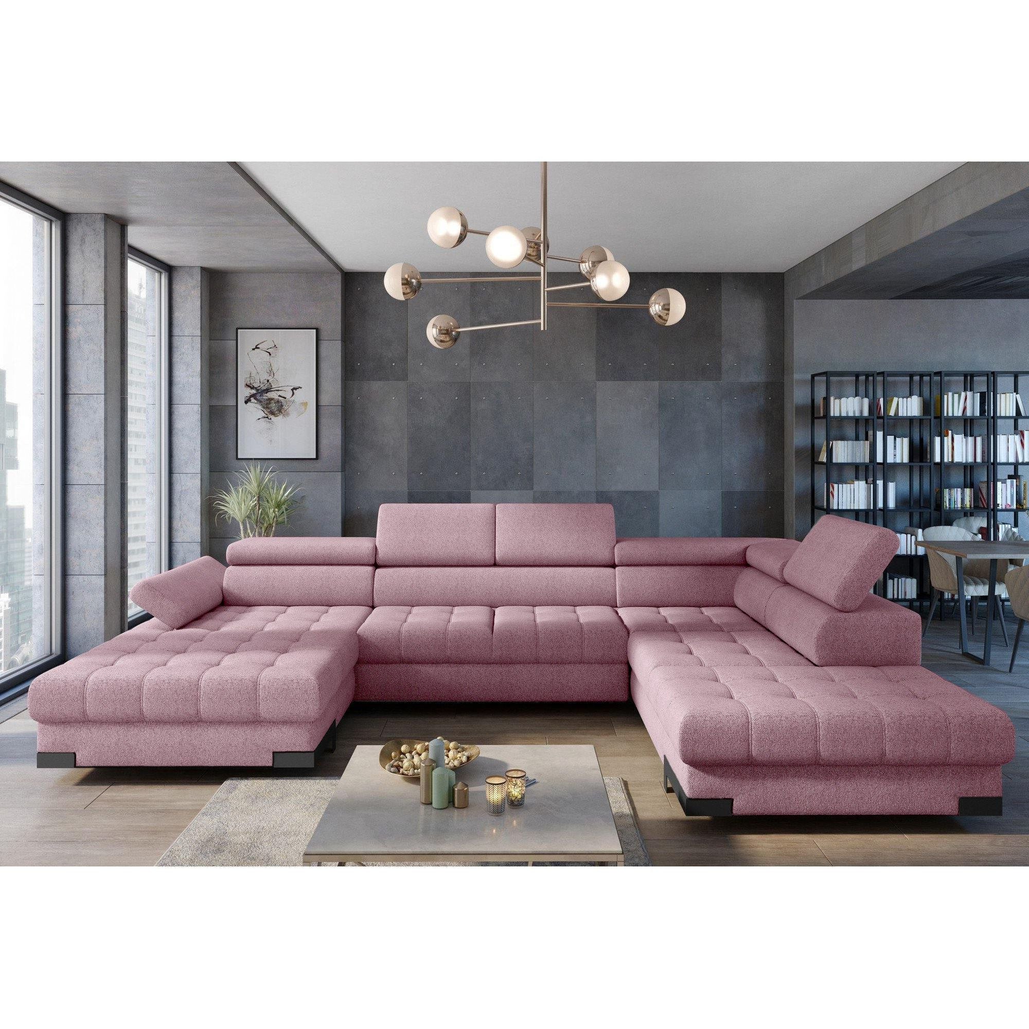Coltar extensibil SELVA XL, sezlong dreapta, stofa catifelata roz pudrat - Riviera 62, Gama Premium, cu lada depozitare si tetiere reglabile, 339x223x95 cm