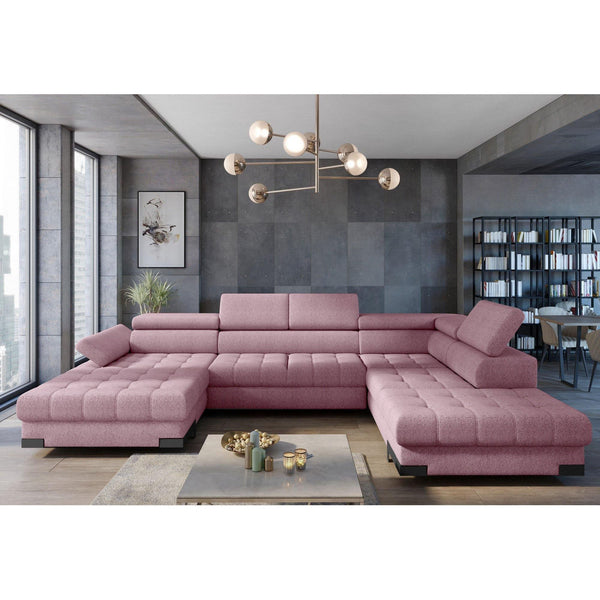 Coltar SELVA XL, sezlong dreapta, stofa catifelata roz pudrat - Riviera 62, 339x173/223x75/95 cm, extensibil, lada depozitare, tetiere reglabile