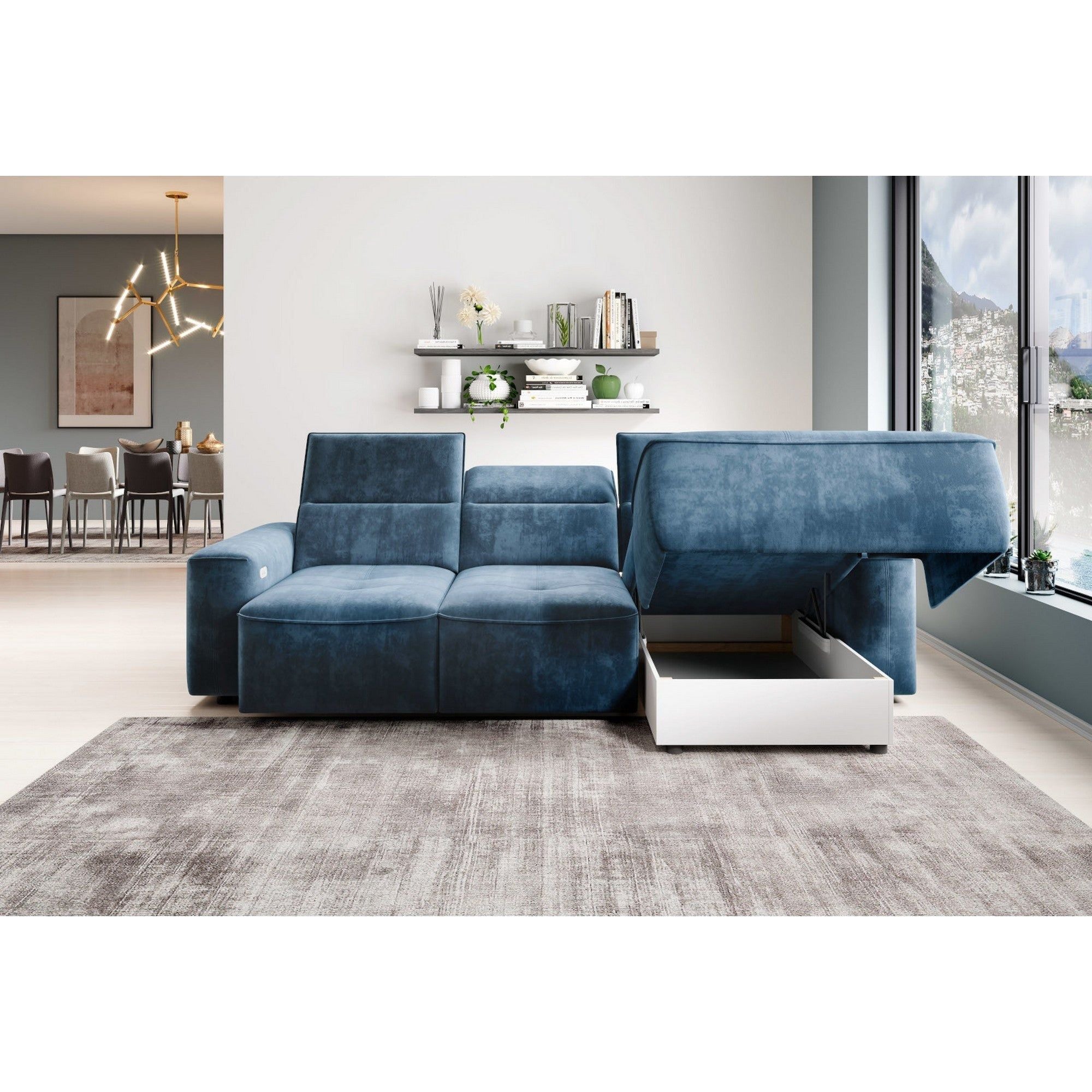 Coltar modern COLOMBO MINI cu sistem electric de ajustare a adancimii, 275x182x81/103 cm.