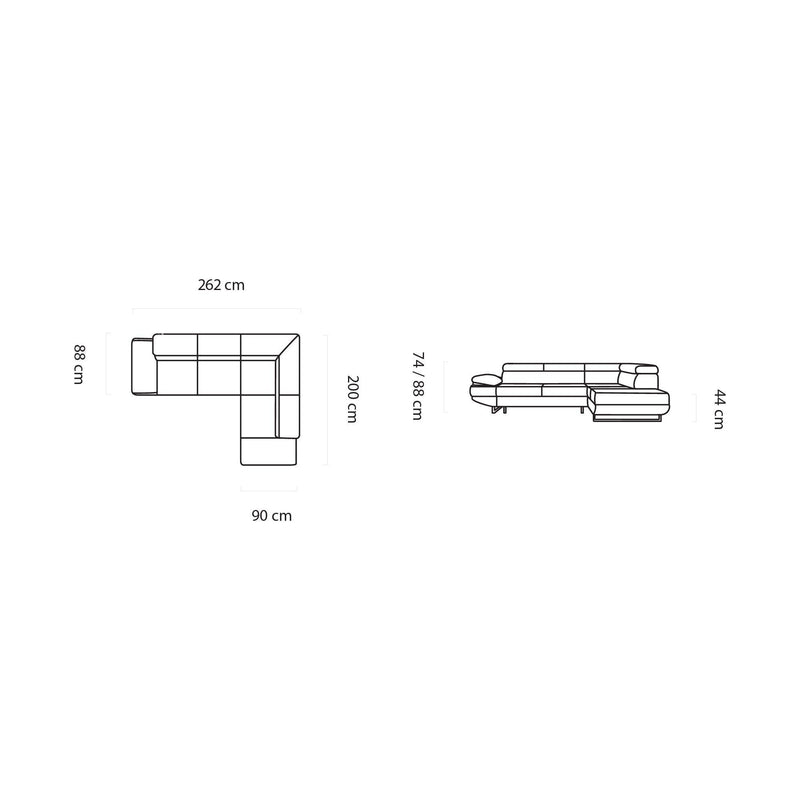 Coltar GIO, personalizabil materiale gama Oferta Avantaj, 262x200x74/88 cm, extensibil, lada depozitare, tetiere reglabile