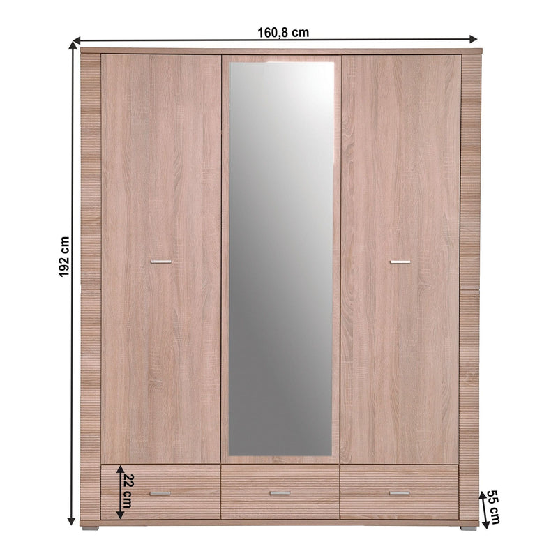 Dulap dormitor GRAND tip 2, PAL laminat, stejar sonoma, 161x192x55 cm, cu oglindă, 3 usi si 3 sertare