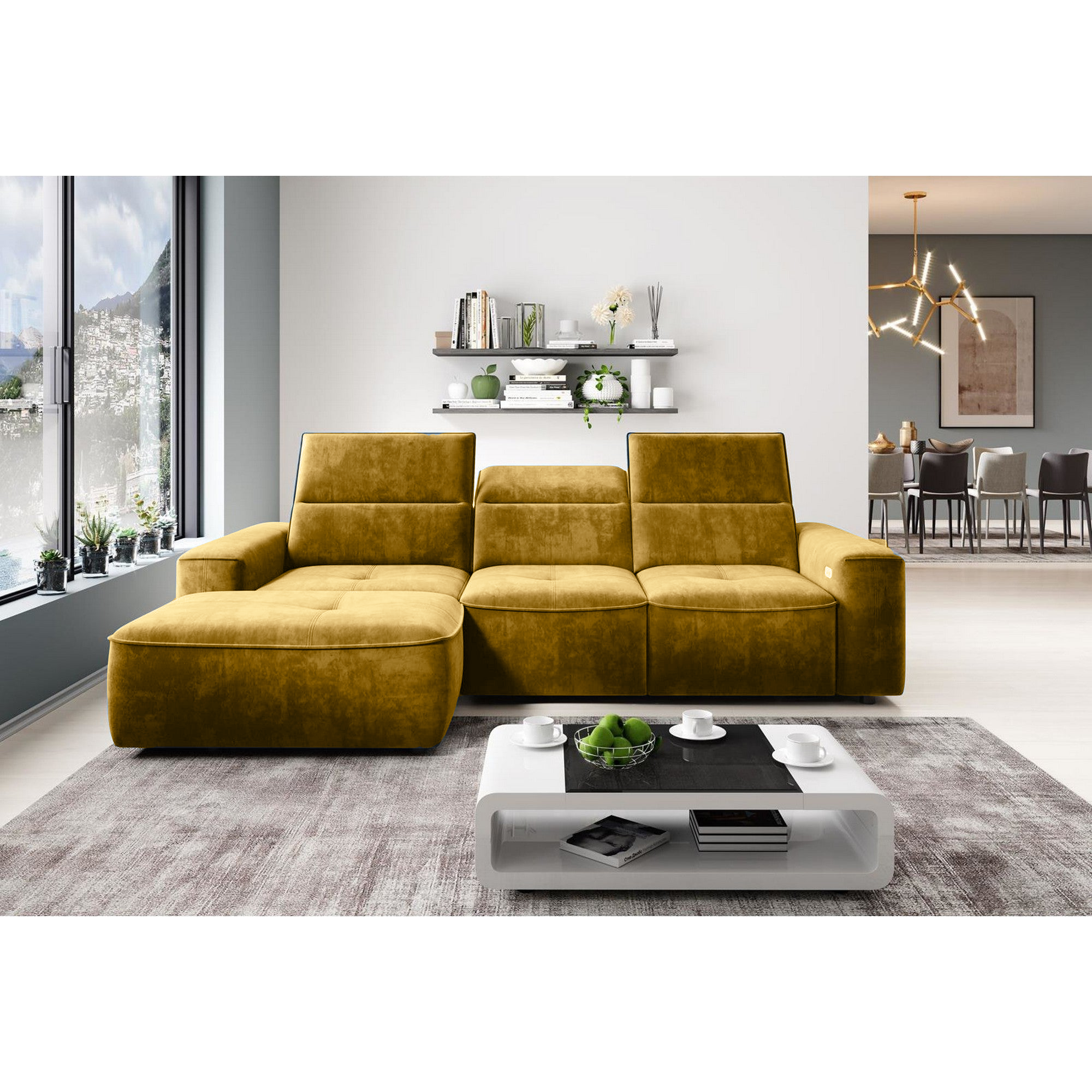Coltar COLOMBO MINI, personalizabil materiale gama Oferta Avantaj, cu reglaj electric, tetiere reglabile si lada depozitare, 275x182x103 cm