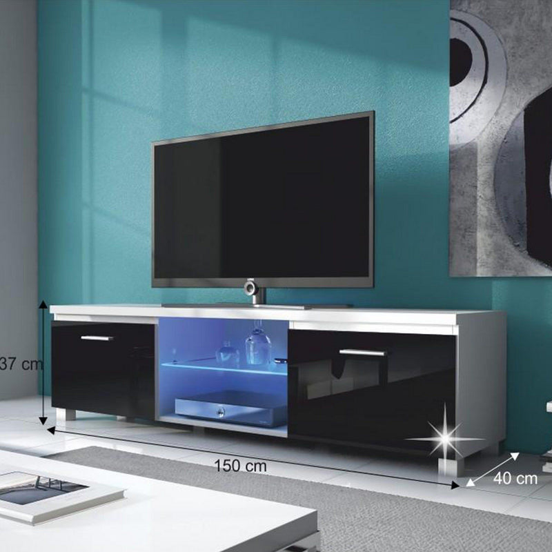 Comoda TV LUGO 2, DTD, alb/negru lucios, cu iluminare LED, 150x40x37 cm