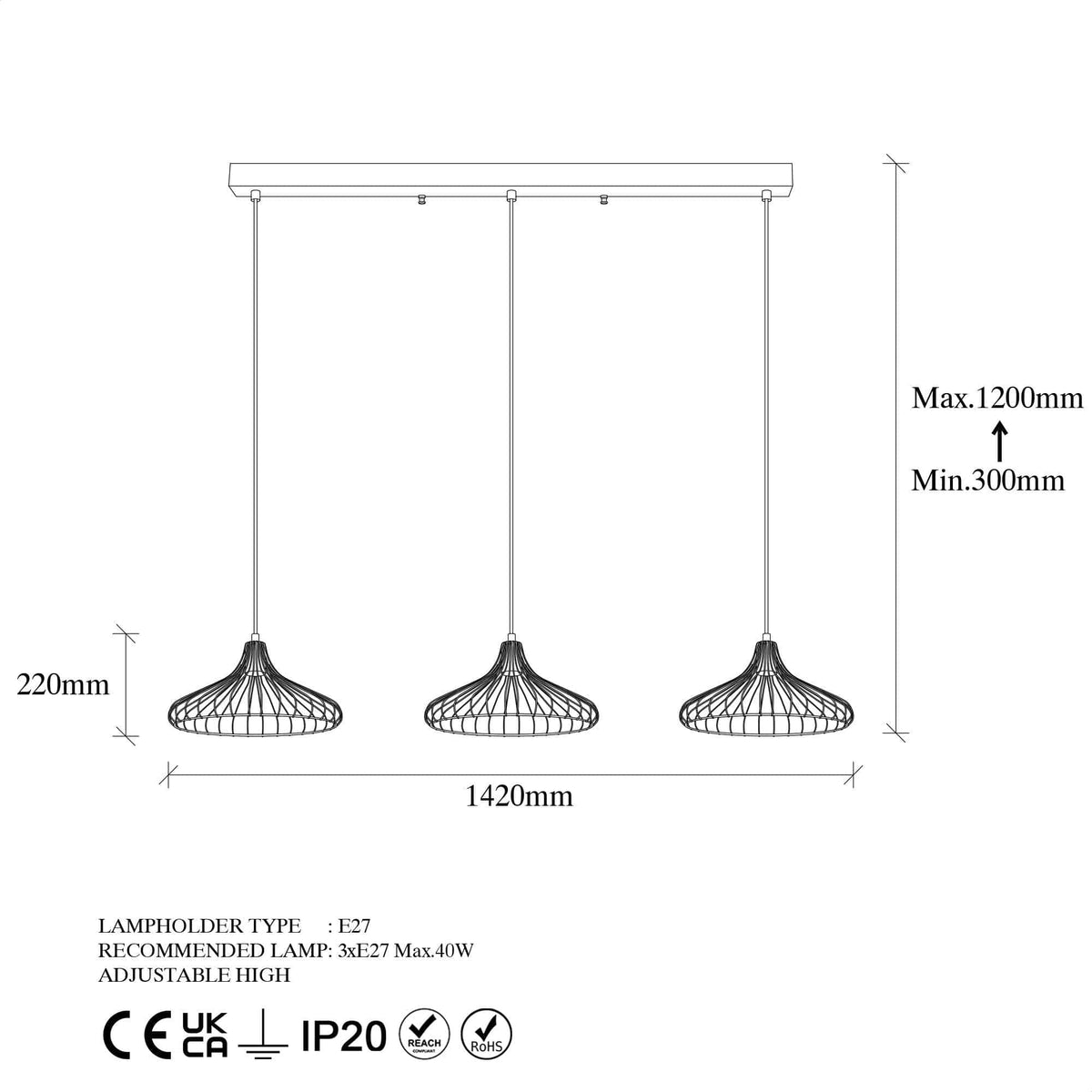 Lustra DEPAY 11260, negru, metal, 148x36x30-120 cm