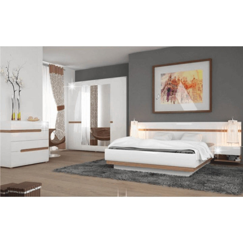 Cadru pat dormitor LYNATET TYP 91, PAL laminat, alb lucios HG/stejar sonoma truflu închis, 140x200 cm
