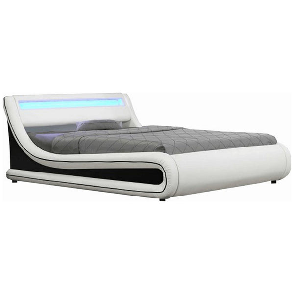 Pat dormitor MANILA NEW, piele ecologica, alb/negru, 160x200 cm, cu iluminare LED RGB, somiera lamelara reglabila si lada de depozitare, fara saltea