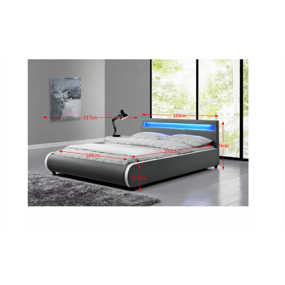 Pat DULCEA 180x200, gri, piele ecologica/PAL, cu iluminare LED RGB si somiera