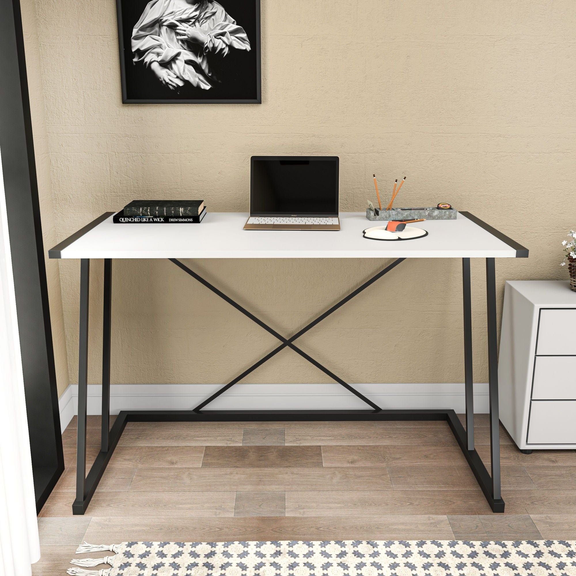 Masa birou ADELAIDE, alb/negru, PAL melaminat/metal, 114x60x75 cm
