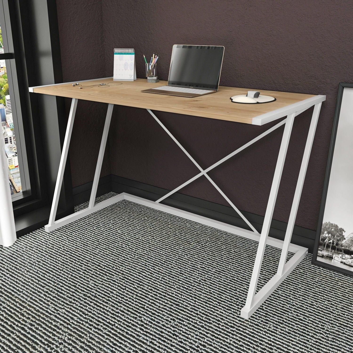 Masa birou ADELAIDE, stejar/alb, PAL melaminat/metal, 114x60x75 cm