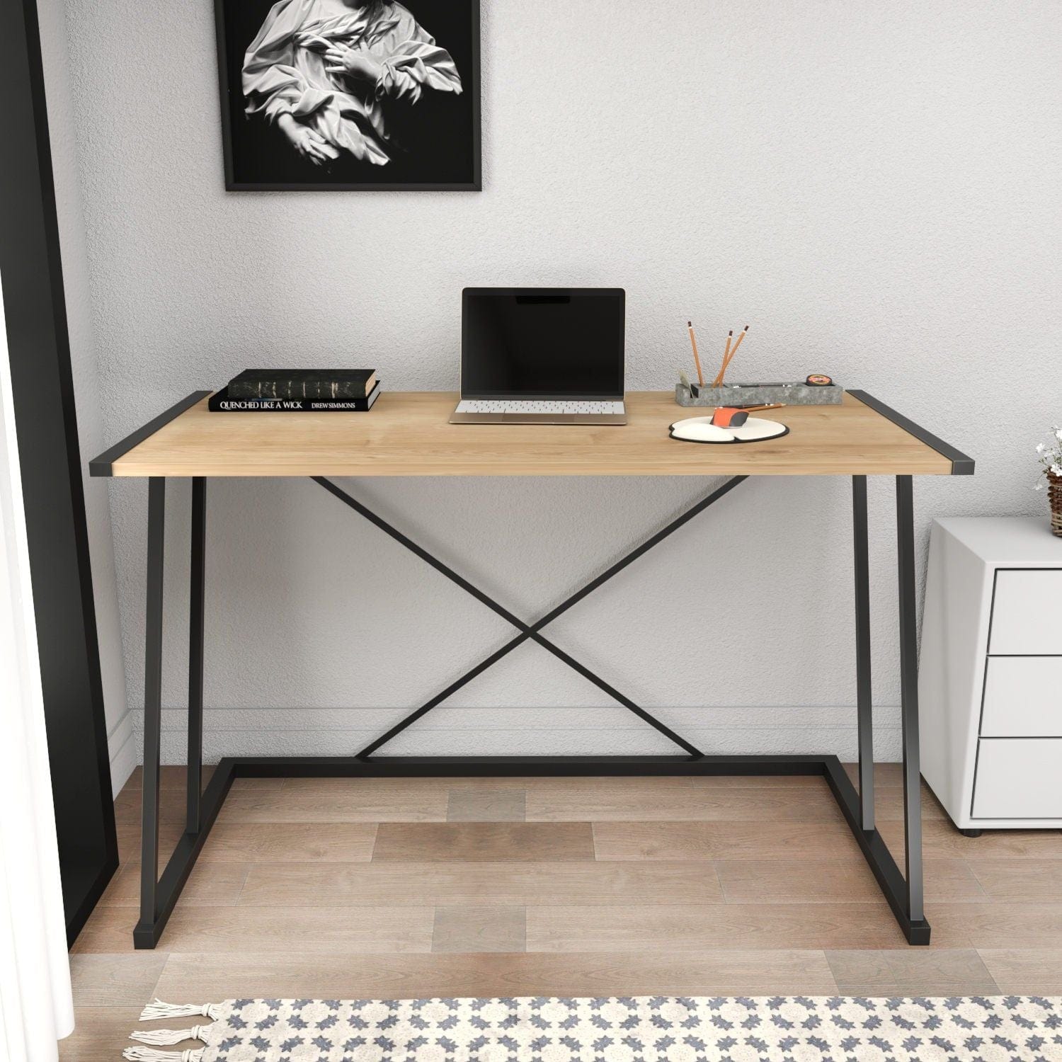 Masa birou ADELAIDE, stejar/negru, PAL melaminat/metal, 114x60x75 cm