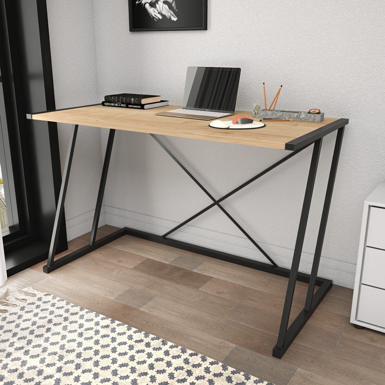 Masa birou ADELAIDE, stejar/negru, PAL melaminat/metal, 114x60x75 cm