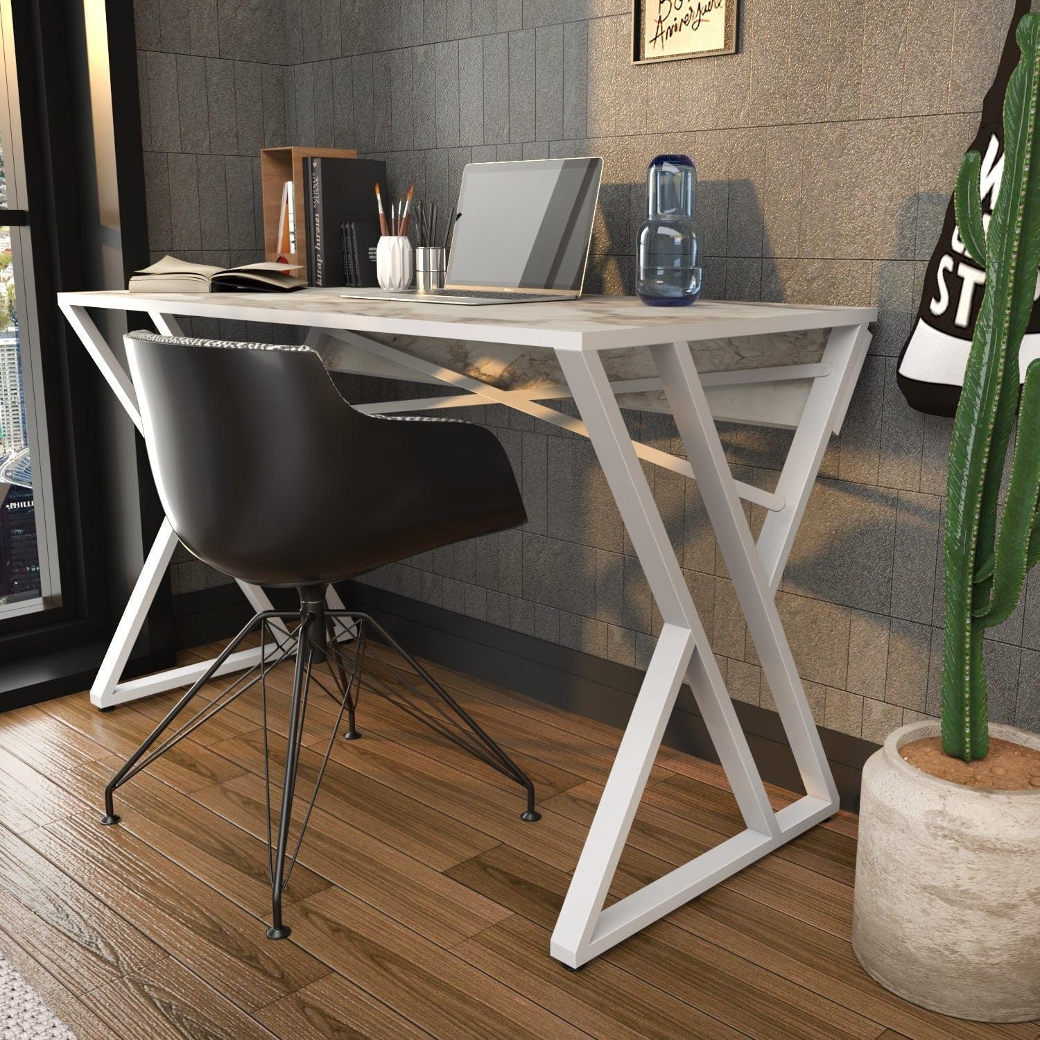 Masa birou GYZA, alb cu efect de marmura, alb, PAL melaminat, 120x60x75 cm