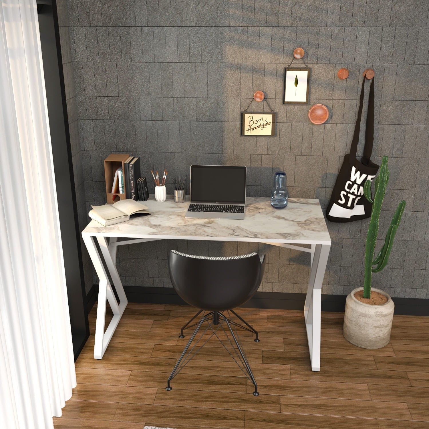 Masa birou GYZA, alb cu efect de marmura, alb, PAL melaminat, 120x60x75 cm