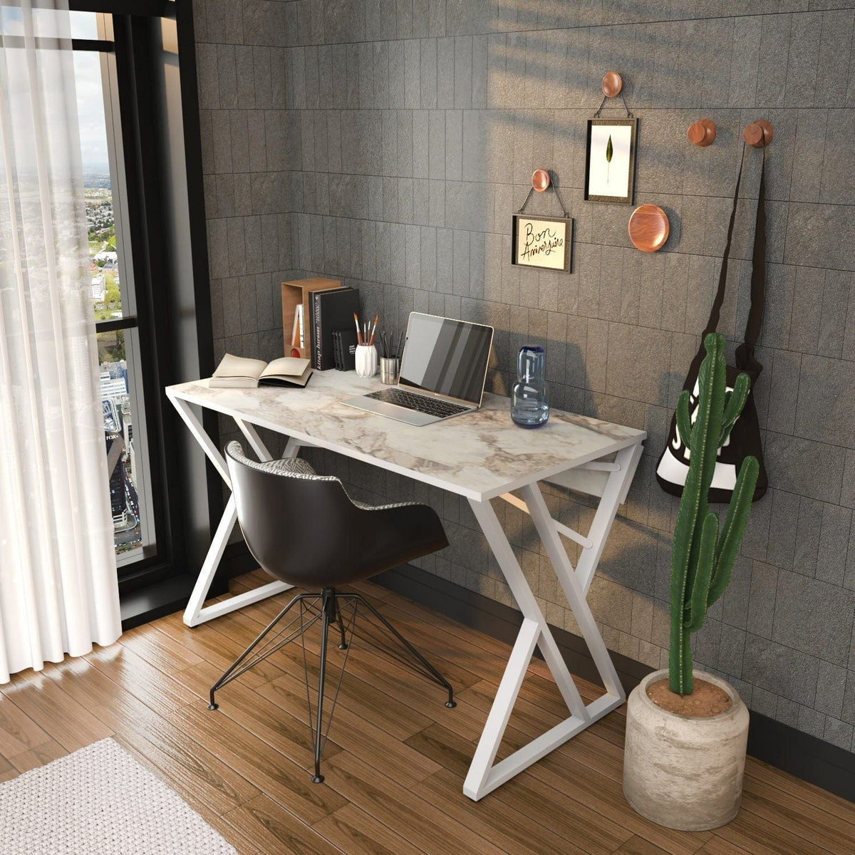Masa birou GYZA, alb cu efect de marmura, alb, PAL melaminat, 120x60x75 cm