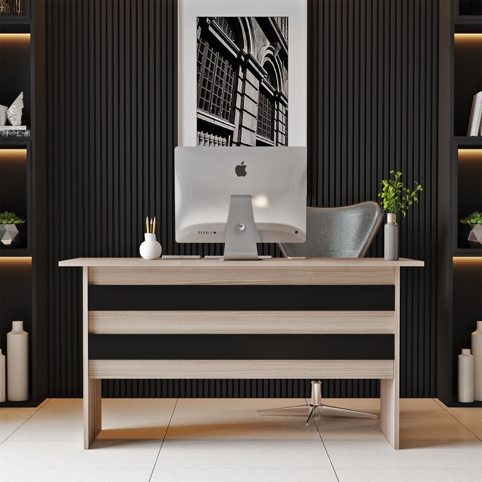 Masa birou VARIO A, stejar/negru, PAL melaminat, 140x60x74 cm