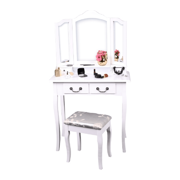 Masa de toaleta REGINA NEW, alb/argintiu, cu taburet si oglinda, 80x40x142 cm