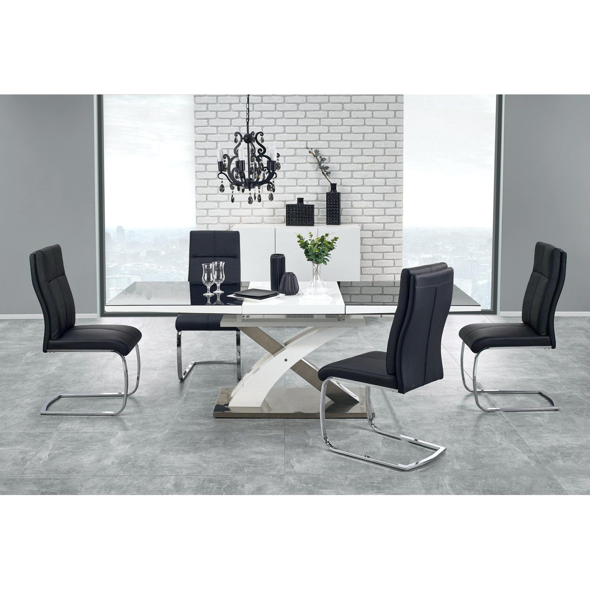 Masa extensibila SANDOR, negru/alb/crom, sticla securizata/otel, 160/220x90x78 cm