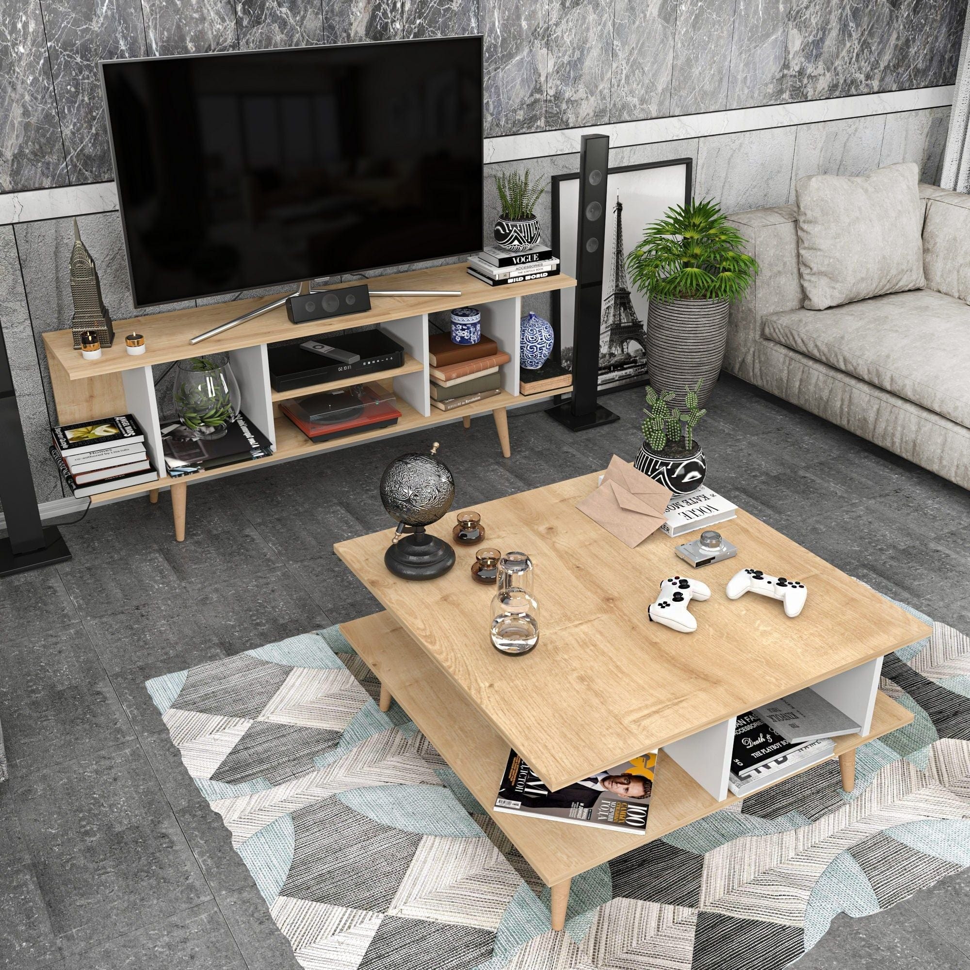 Masuta cafea Akya, stejar/alb, PAL, 89x89x44 cm