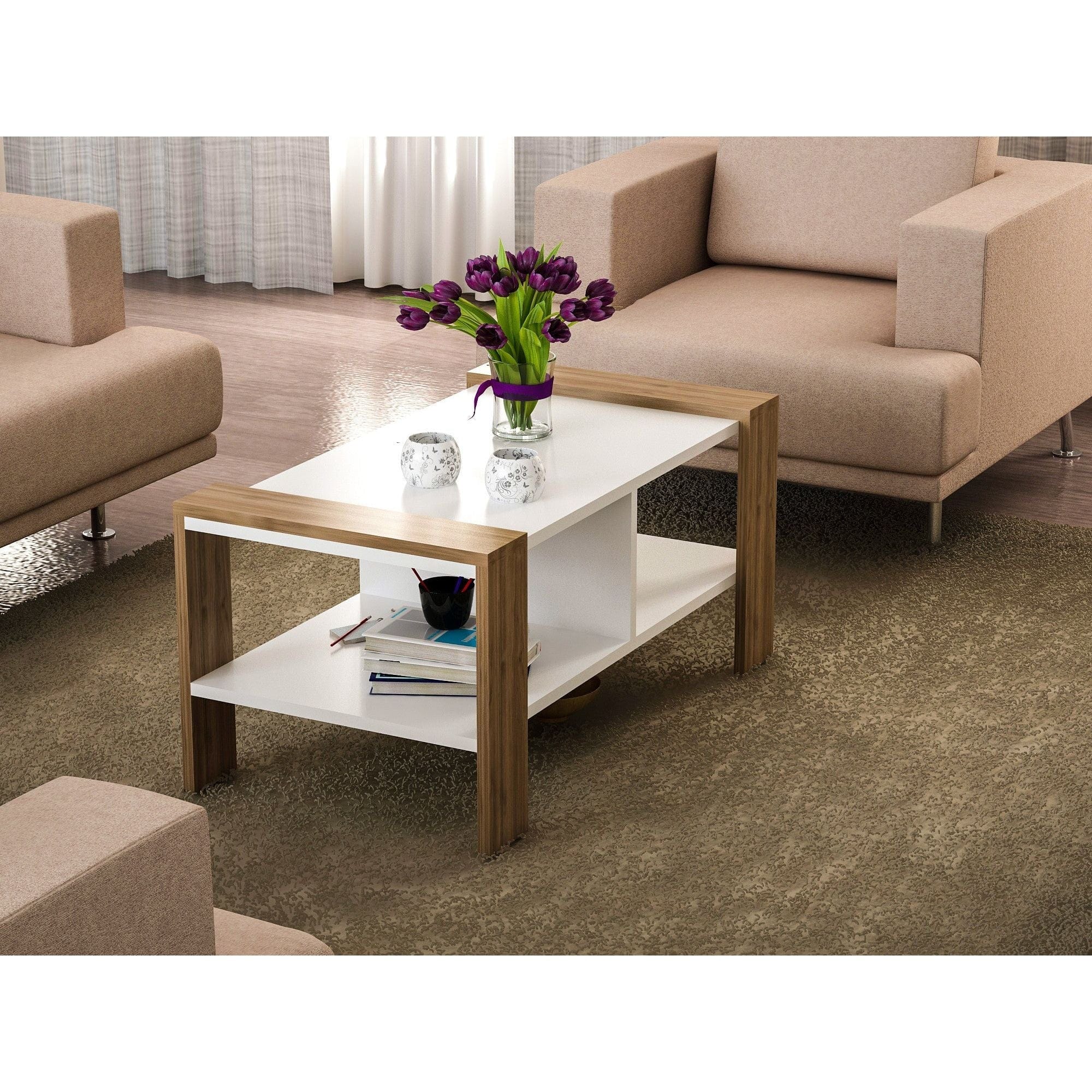 Masuta cafea Erica, alb/nuc, PAL melaminat, 90x60x42 cm