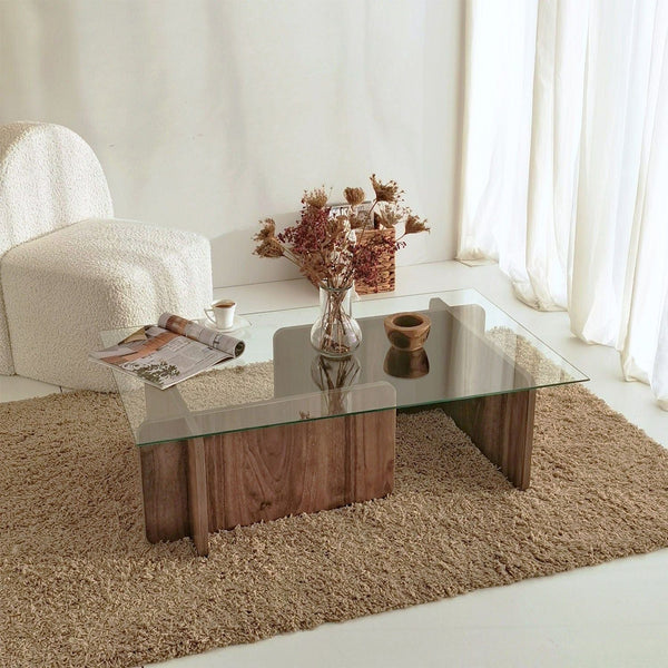 Masuta cafea Escape, transparent/nuc, sticla securizata/PAL melaminat, 105x65x30 cm