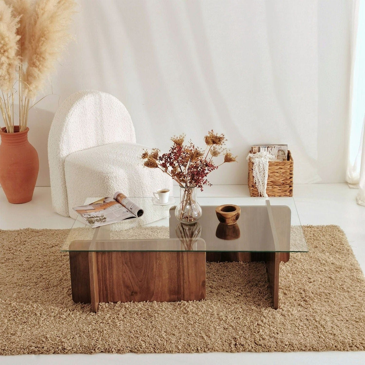 Masuta cafea Escape, transparent/nuc, sticla securizata/PAL melaminat, 105x65x30 cm