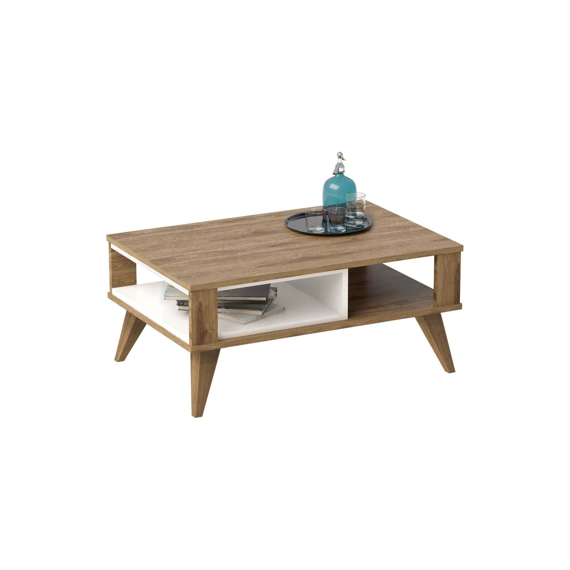 Masuta cafea Ionis, alb/nuc, PAL melaminat, 90x60x40 cm