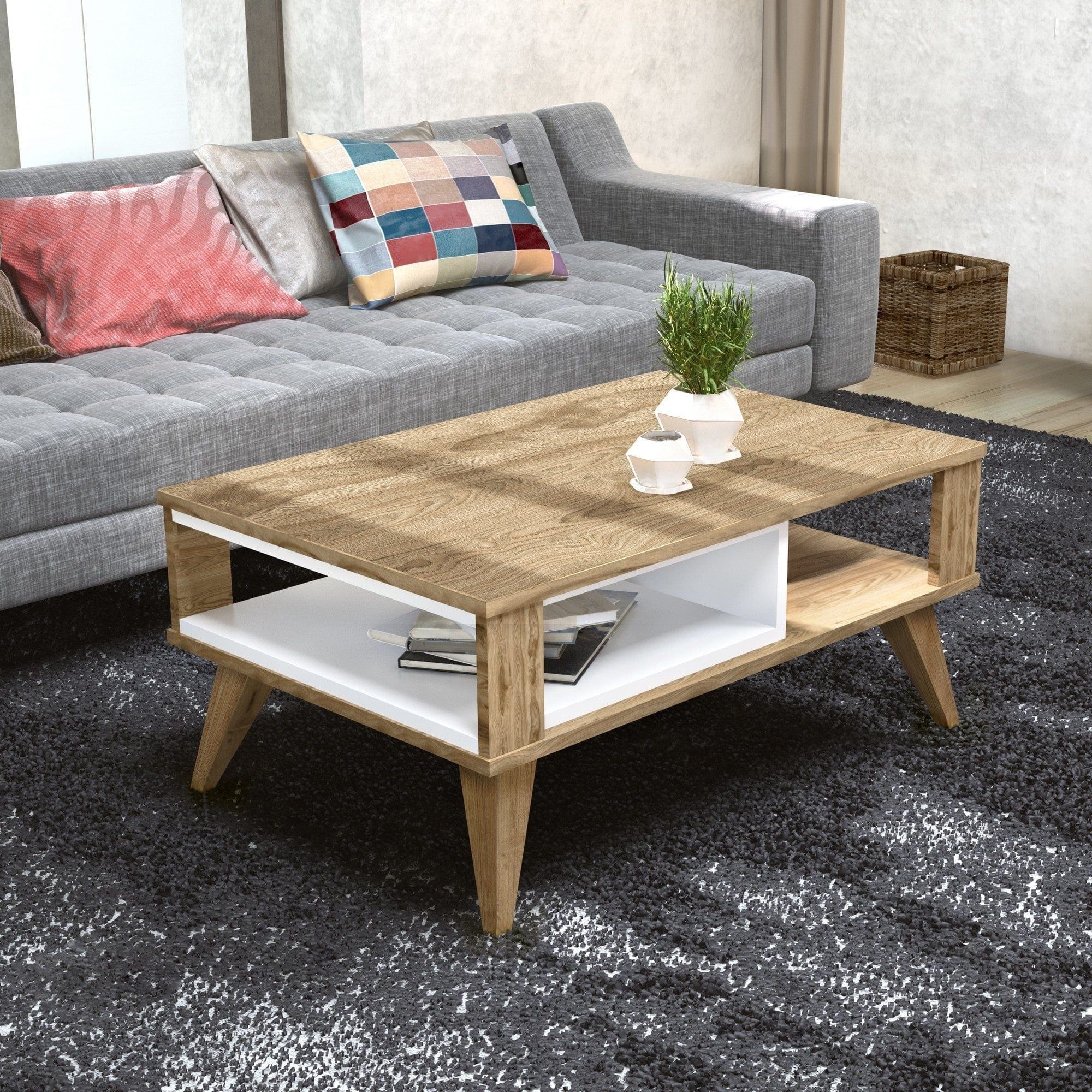 Masuta cafea Ionis, alb/nuc, PAL melaminat, 90x60x40 cm