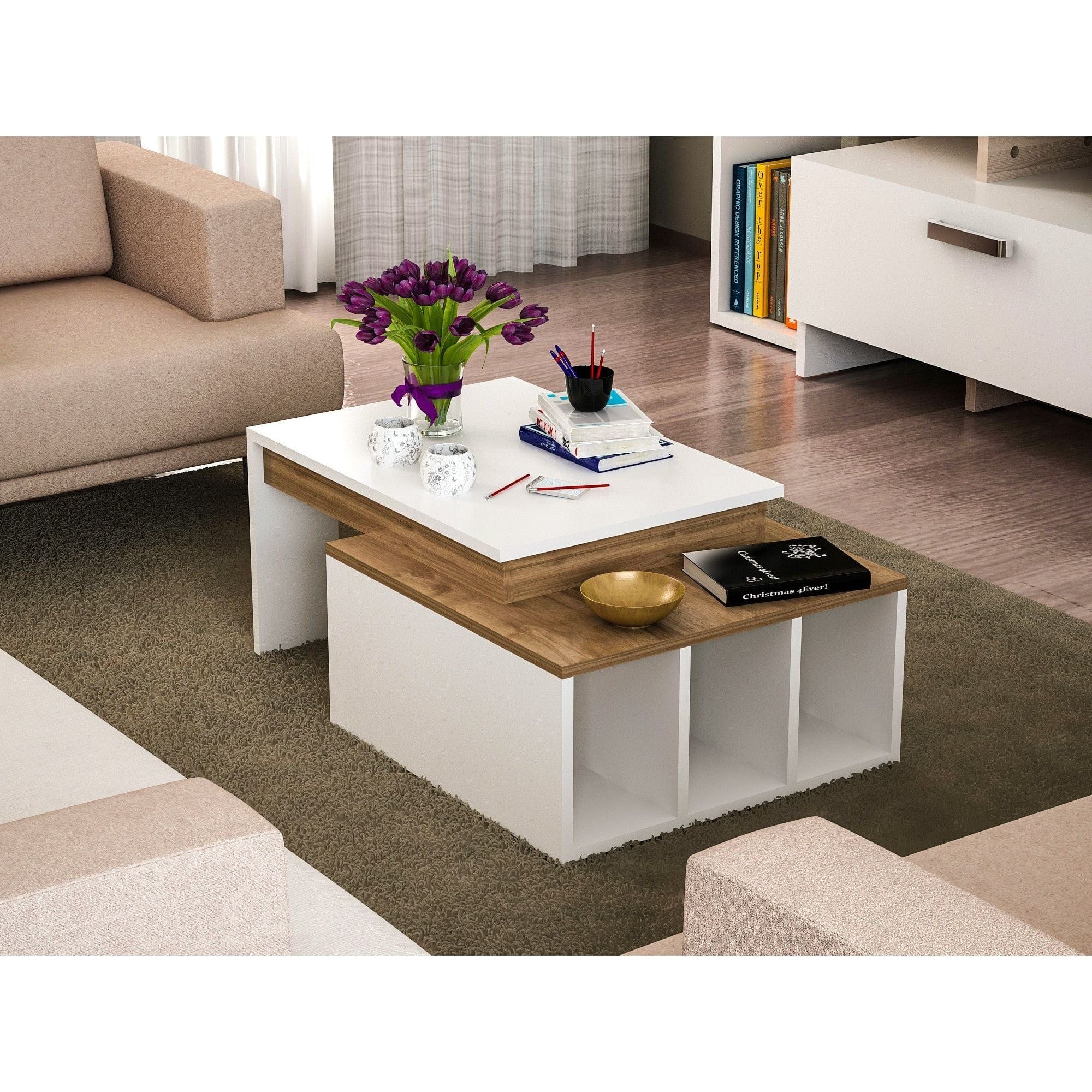 Masuta cafea Kolarado, alb/alun, PAL melaminat, 90x60x37 cm