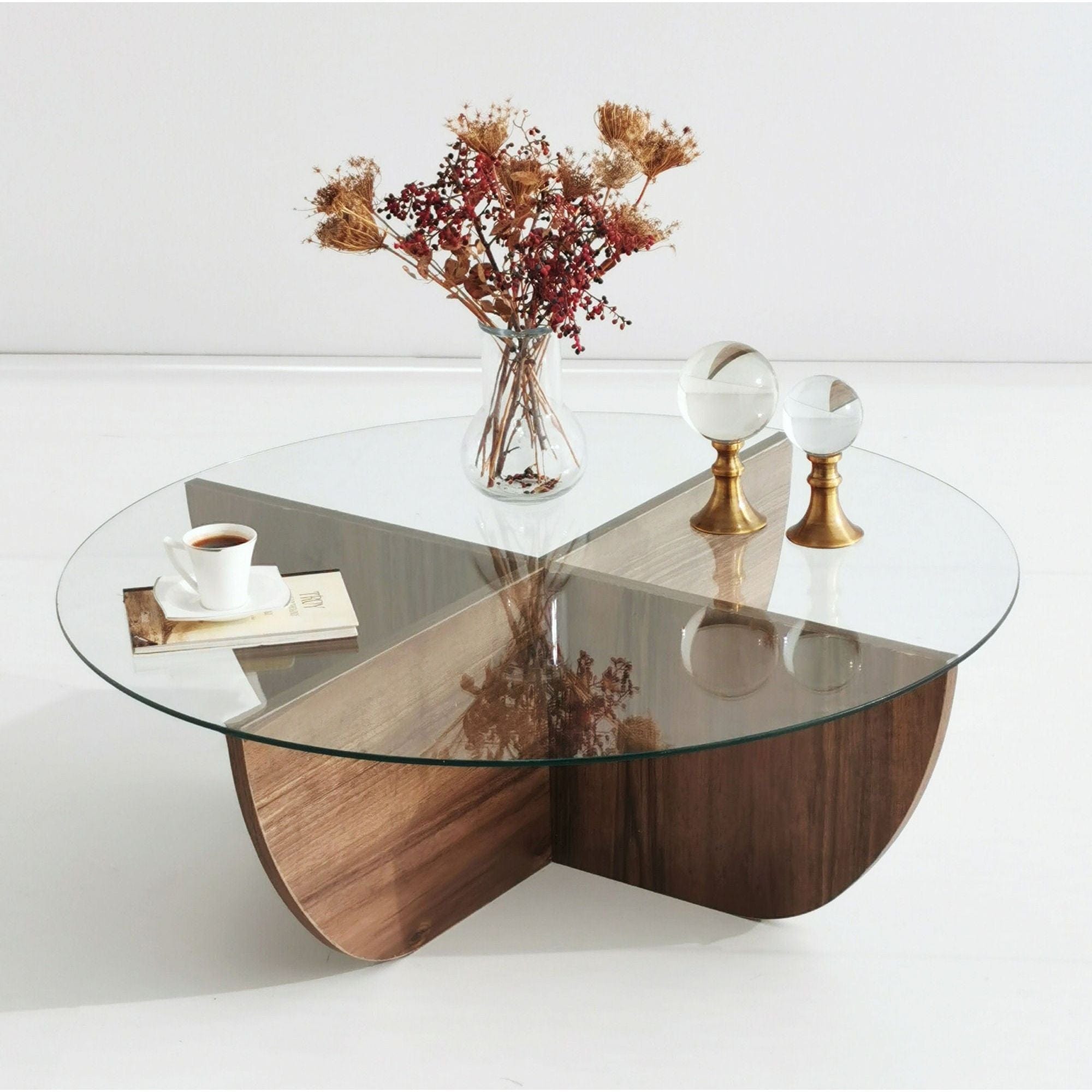 Masuta cafea Lily, transparent/nuc, sticla/PAL melaminat, 90x90x30 cm