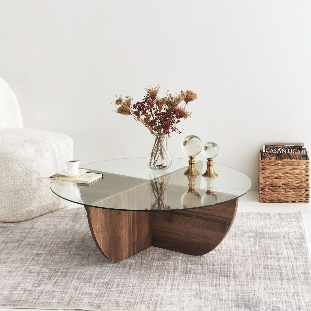 Masuta cafea Lily, transparent/nuc, sticla/PAL melaminat, 90x90x30 cm