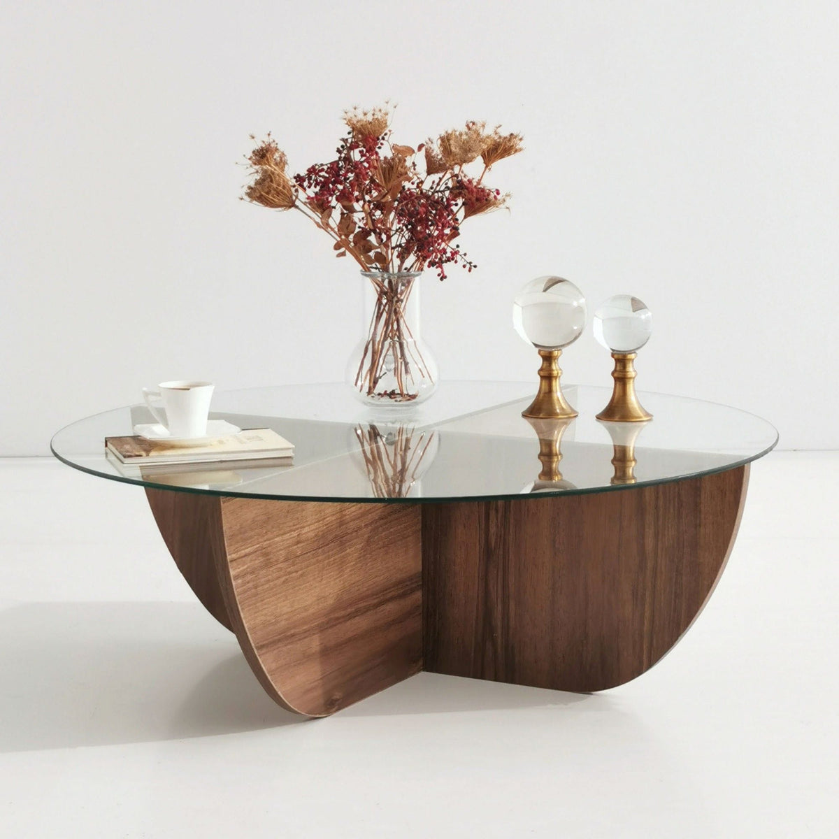 Masuta cafea Lily, transparent/nuc, sticla/PAL melaminat, 90x90x30 cm