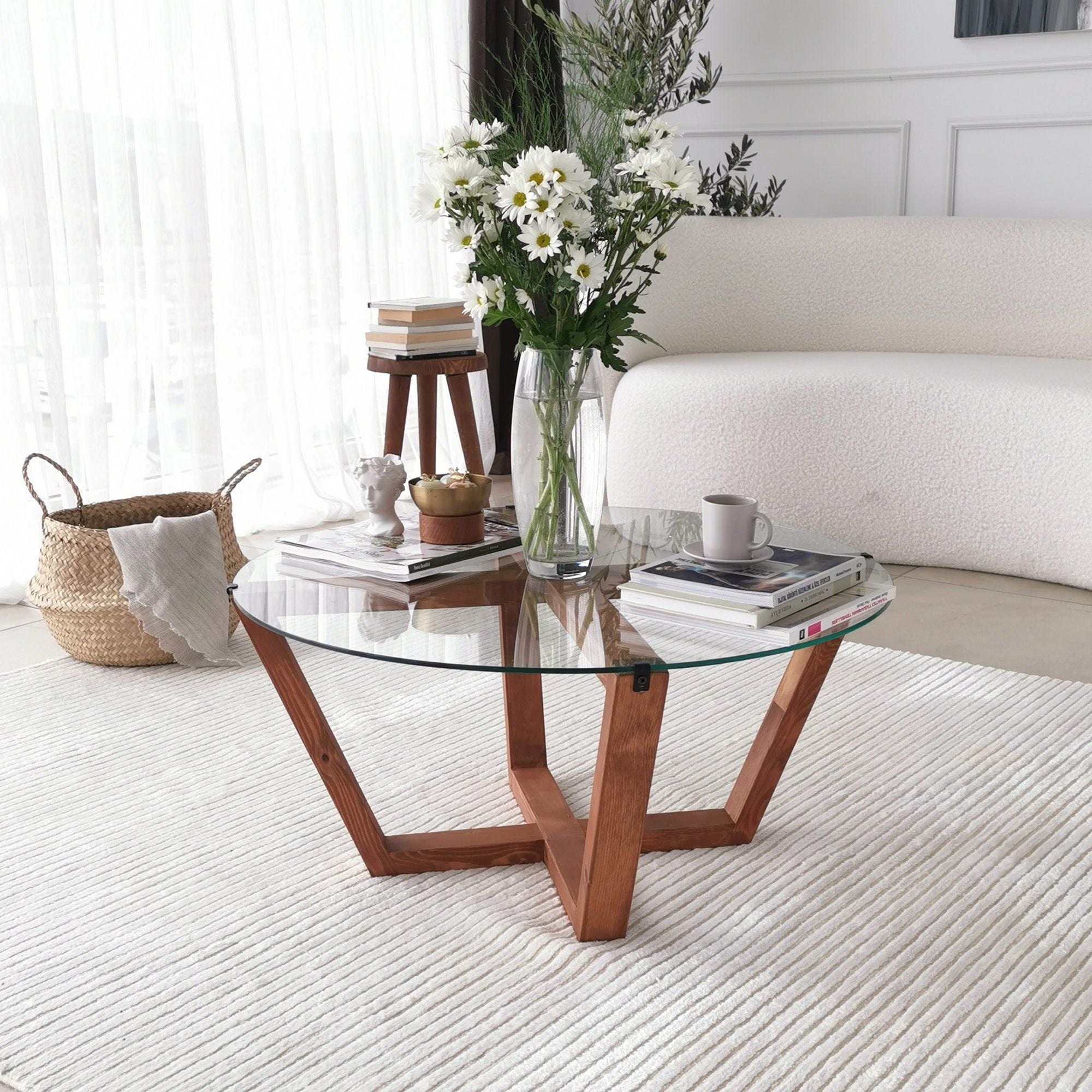 Masuta cafea Lotus, transparent/nuc, sticla/lemn, 75x75x35 cm