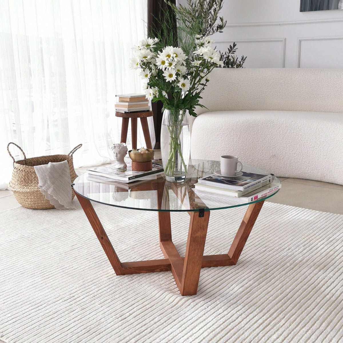 Masuta cafea Lotus, transparent/nuc, sticla/lemn, 75x75x35 cm