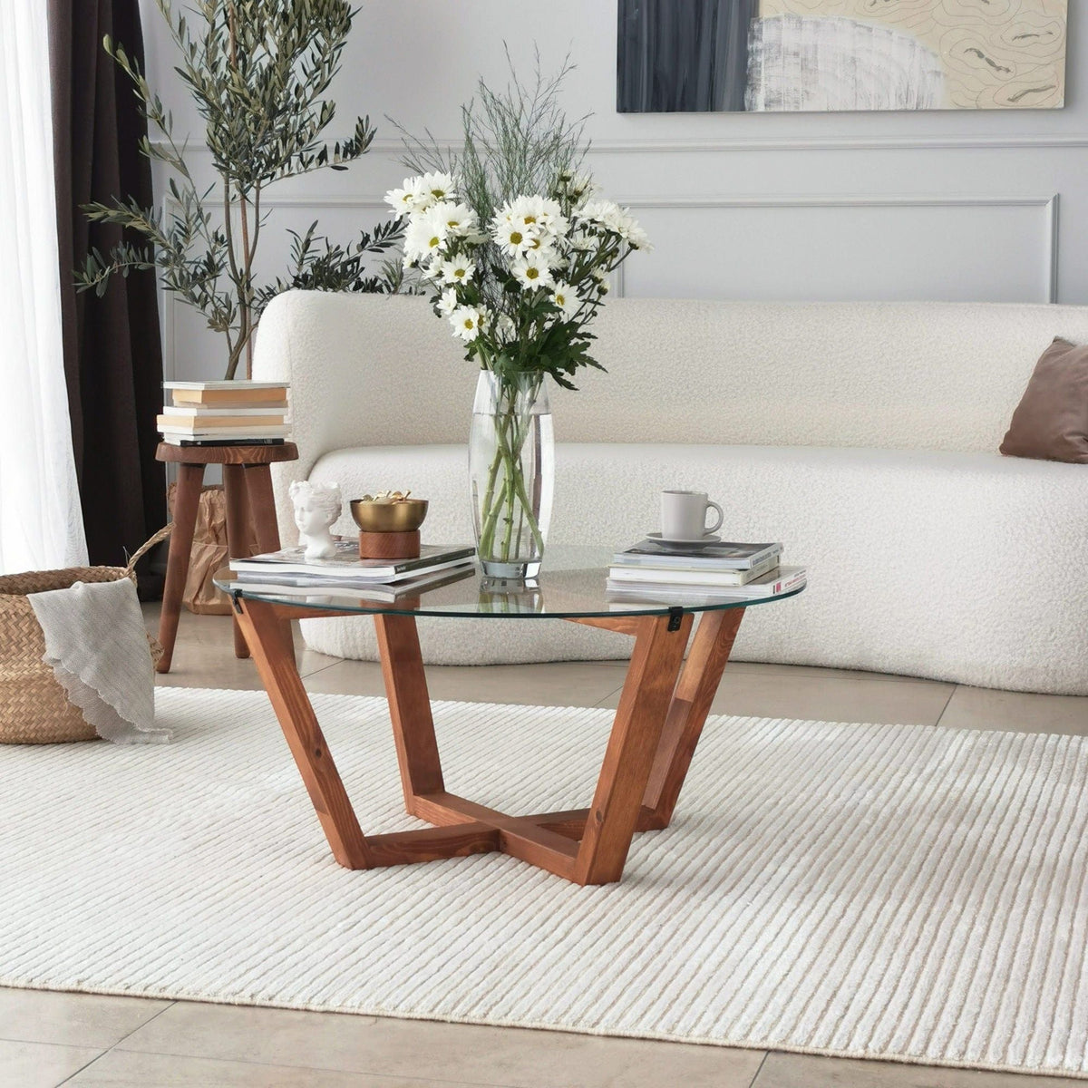 Masuta cafea Lotus, transparent/nuc, sticla/lemn, 75x75x35 cm