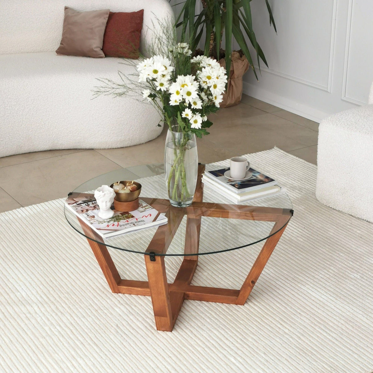Masuta cafea Lotus, transparent/nuc, sticla/lemn, 75x75x35 cm