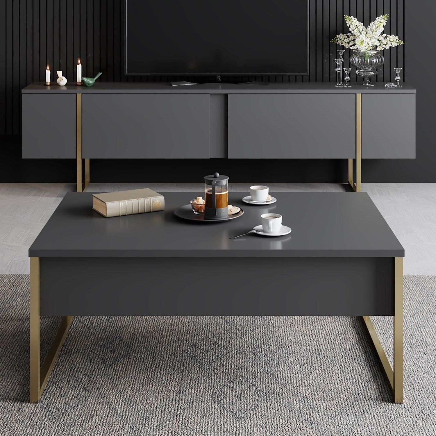 Masuta cafea Luxe, gri antracit/auriu, PAL/metal, 90x60x40 cm