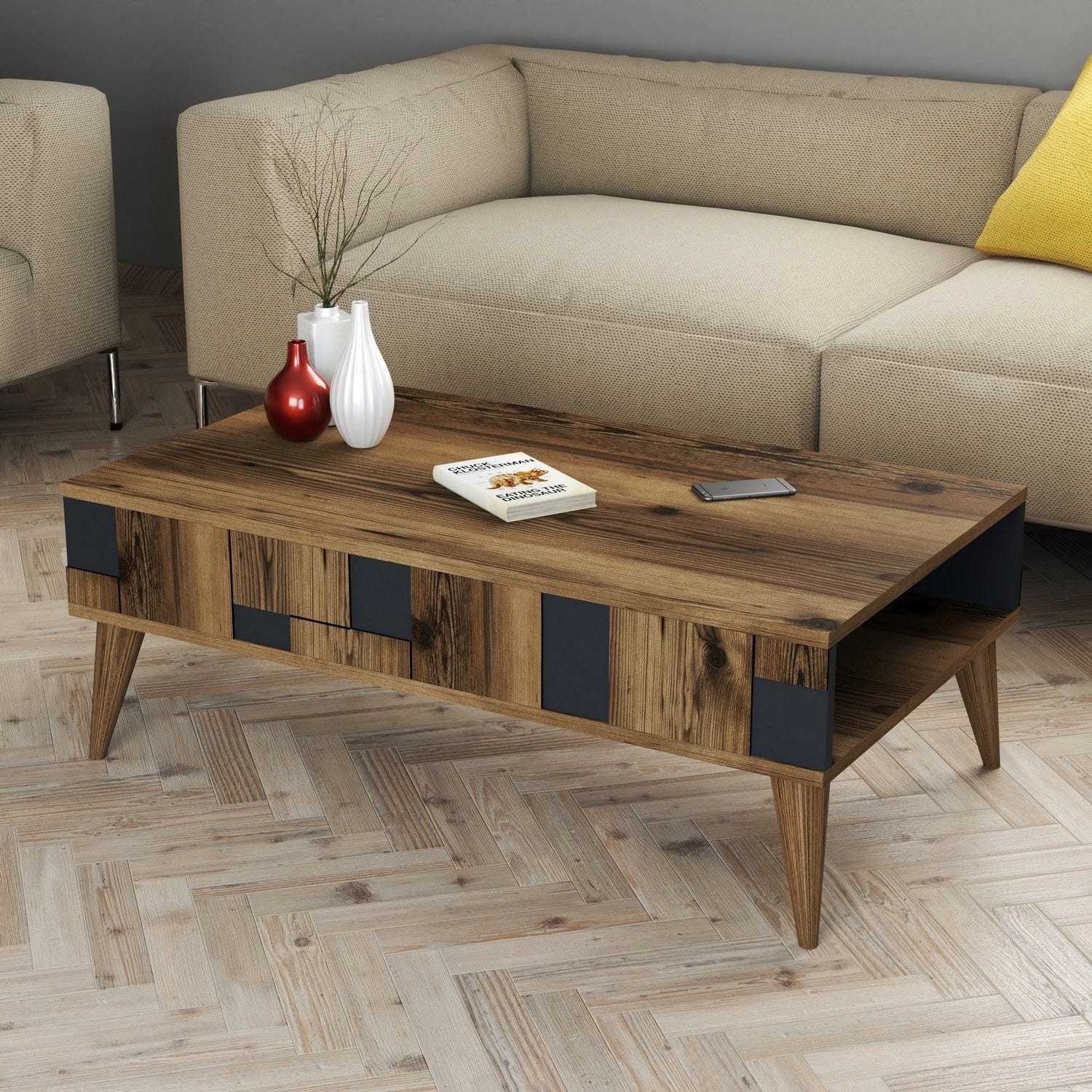Masuta cafea Madrid, nuc/gri antracit, PAL melaminat, 105x60x38 cm