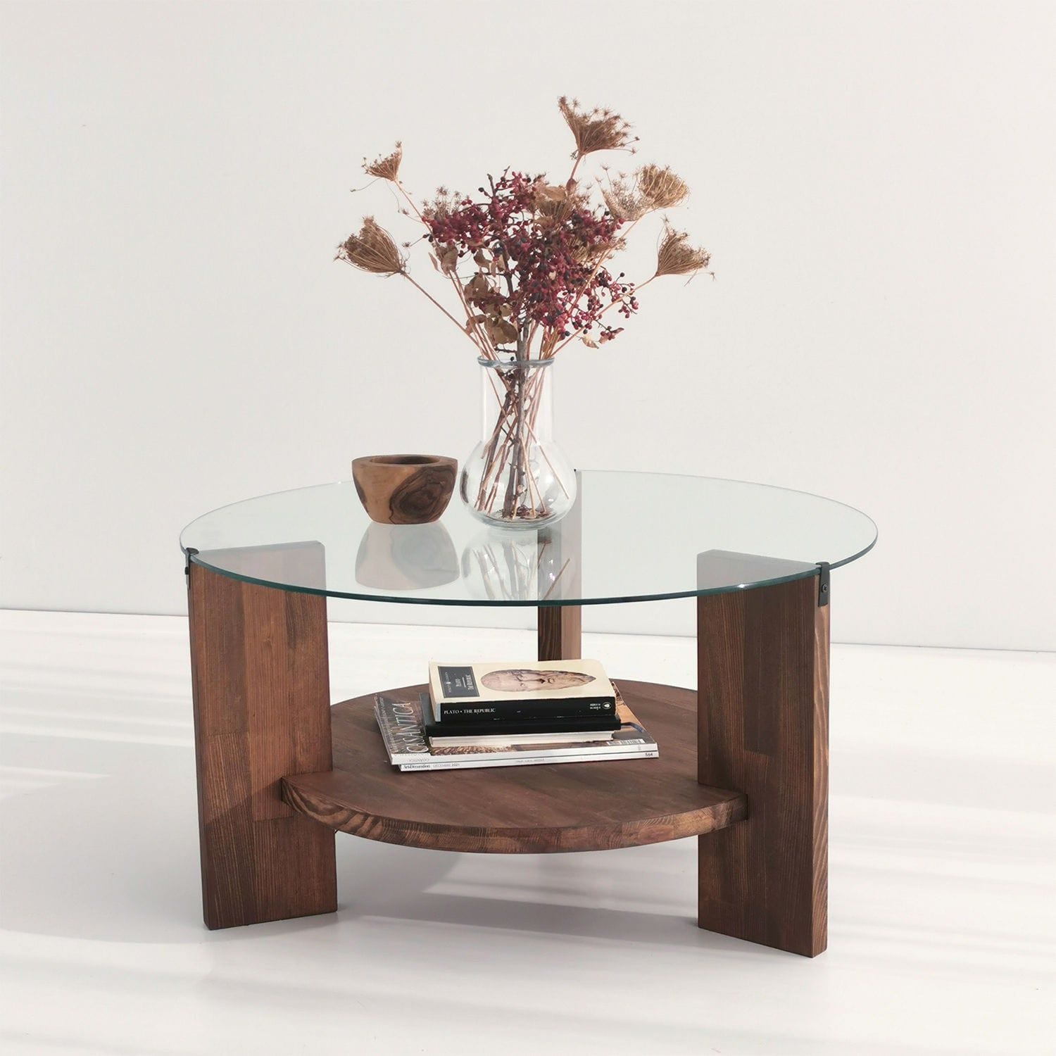 Masuta cafea MONDO, transparent/nuc, sticla securizata/lemn, 75x75x40 cm