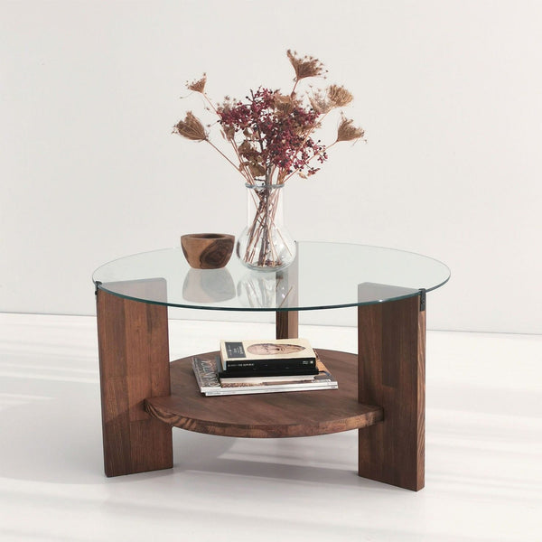 Masuta cafea MONDO, transparent/nuc, sticla securizata/lemn, 75x75x40 cm