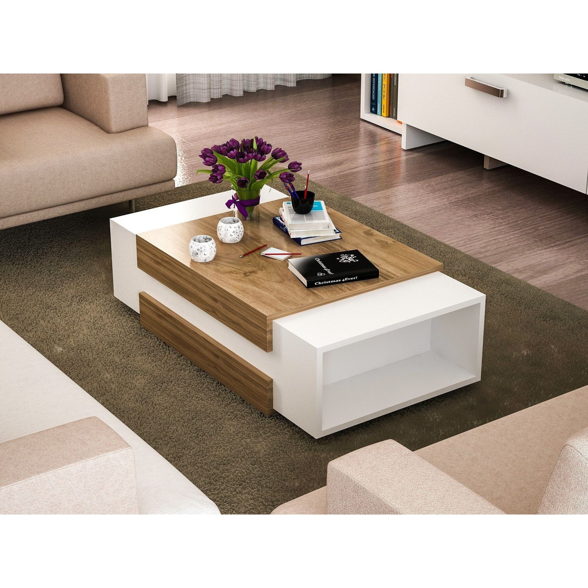 Masuta cafea Nora, alb/nuc, PAL melaminat, 110x57x31 cm