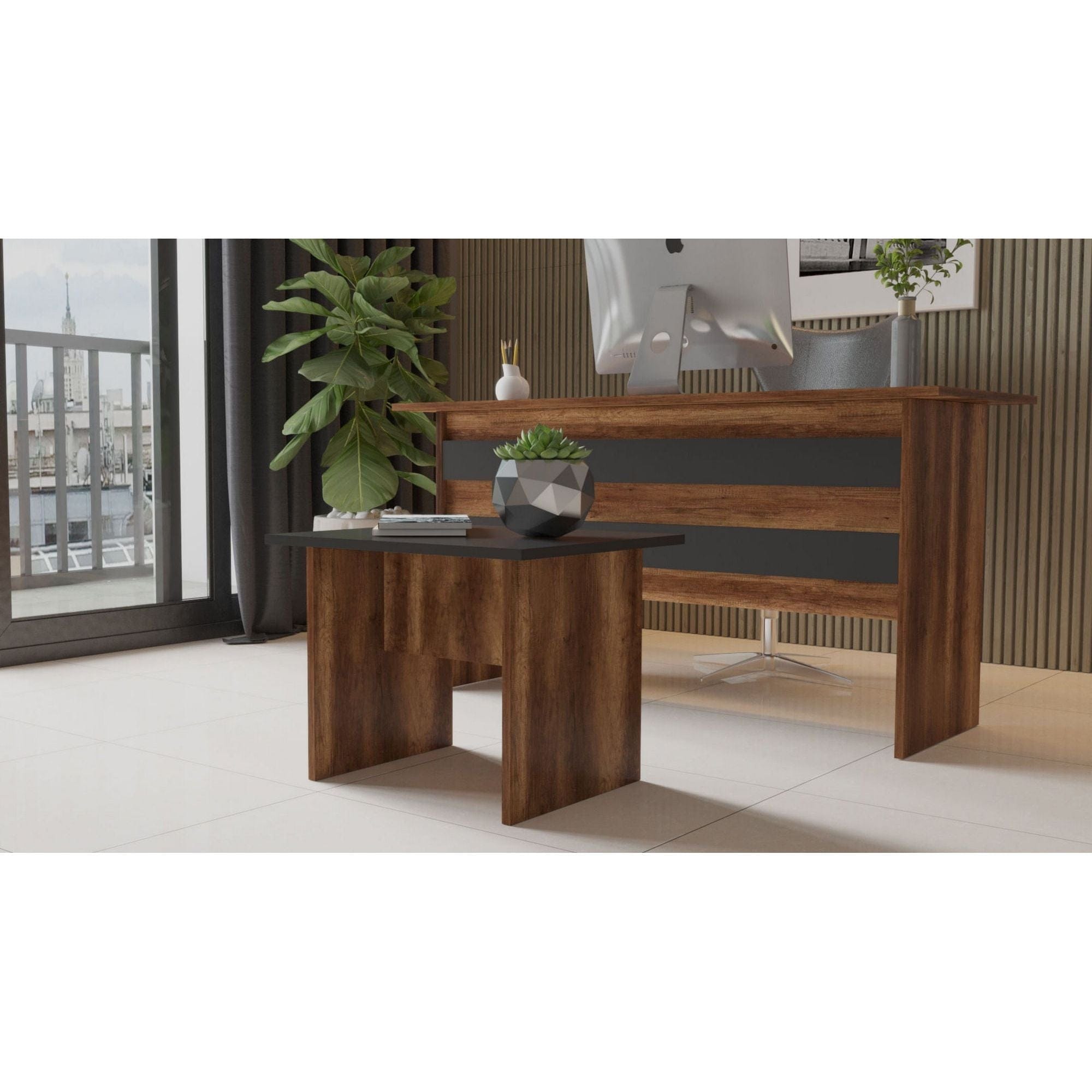 Masuta cafea, nuc/gri, PAL melaminat, 60x50x46 cm