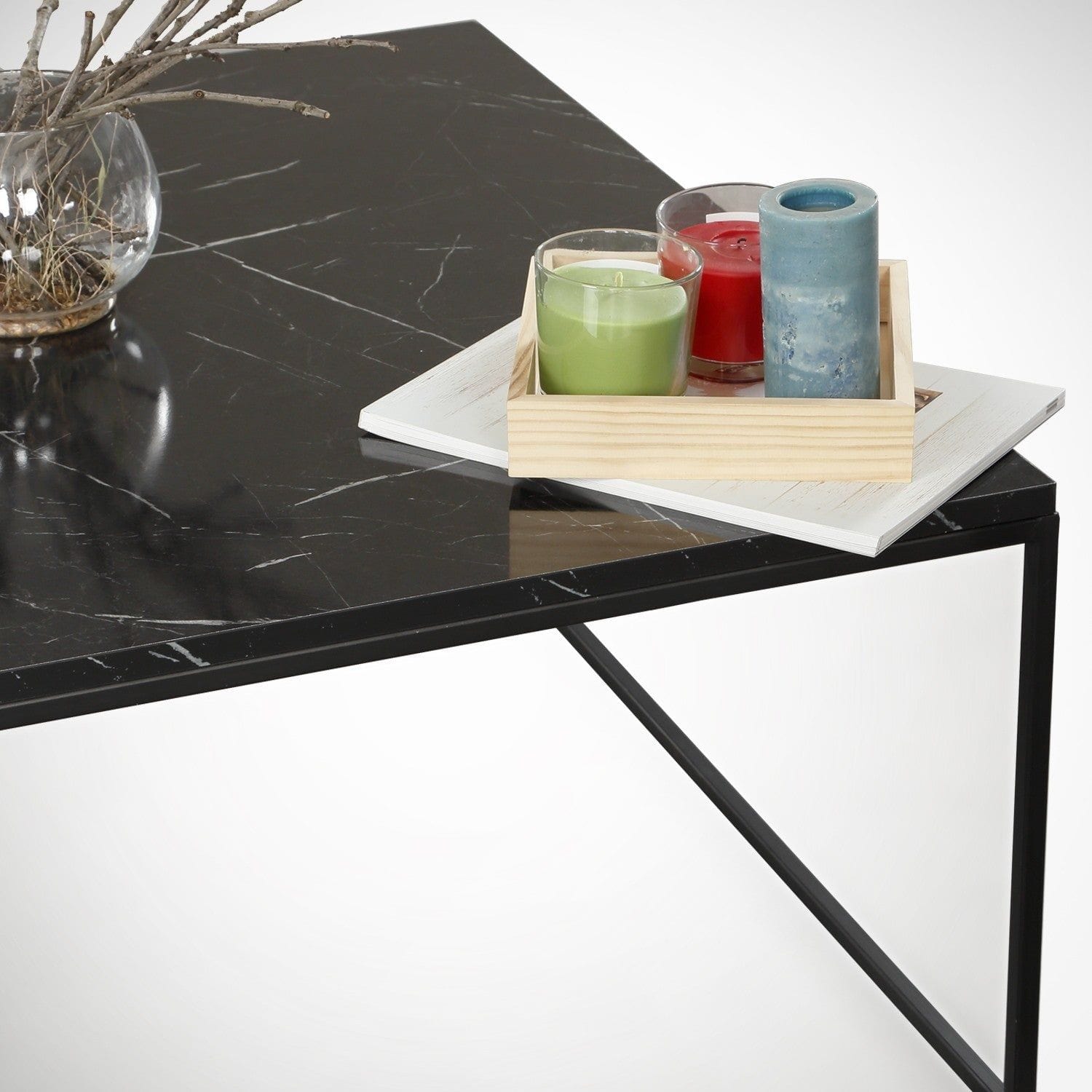 Masuta cafea Poly, negru cu efect de marmura, PAL melaminat/metal, 75x75x43 cm