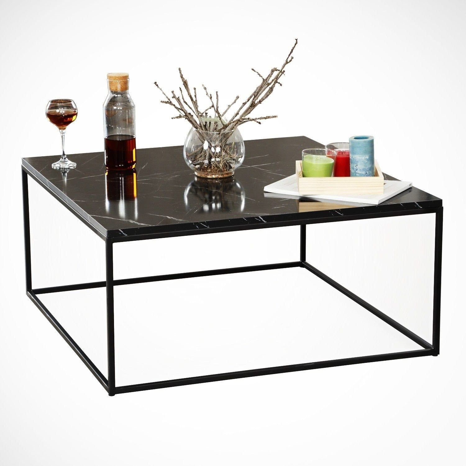Masuta cafea Poly, negru cu efect de marmura, PAL melaminat/metal, 75x75x43 cm