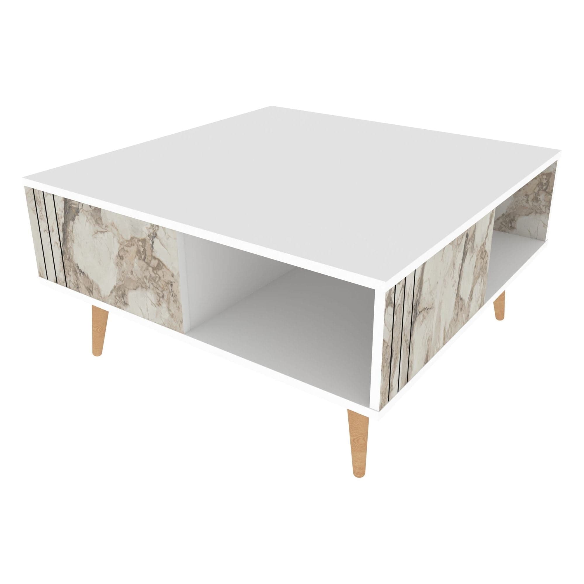 Masuta cafea Ronas, alb cu efect de marmura, PAL melaminat, 90x90x47 cm