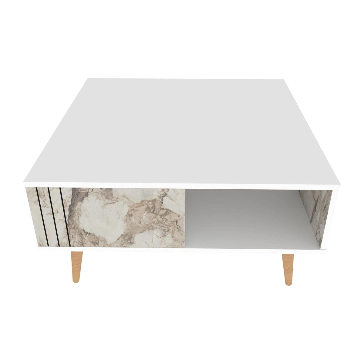 Masuta cafea Ronas, alb cu efect de marmura, PAL melaminat, 90x90x47 cm