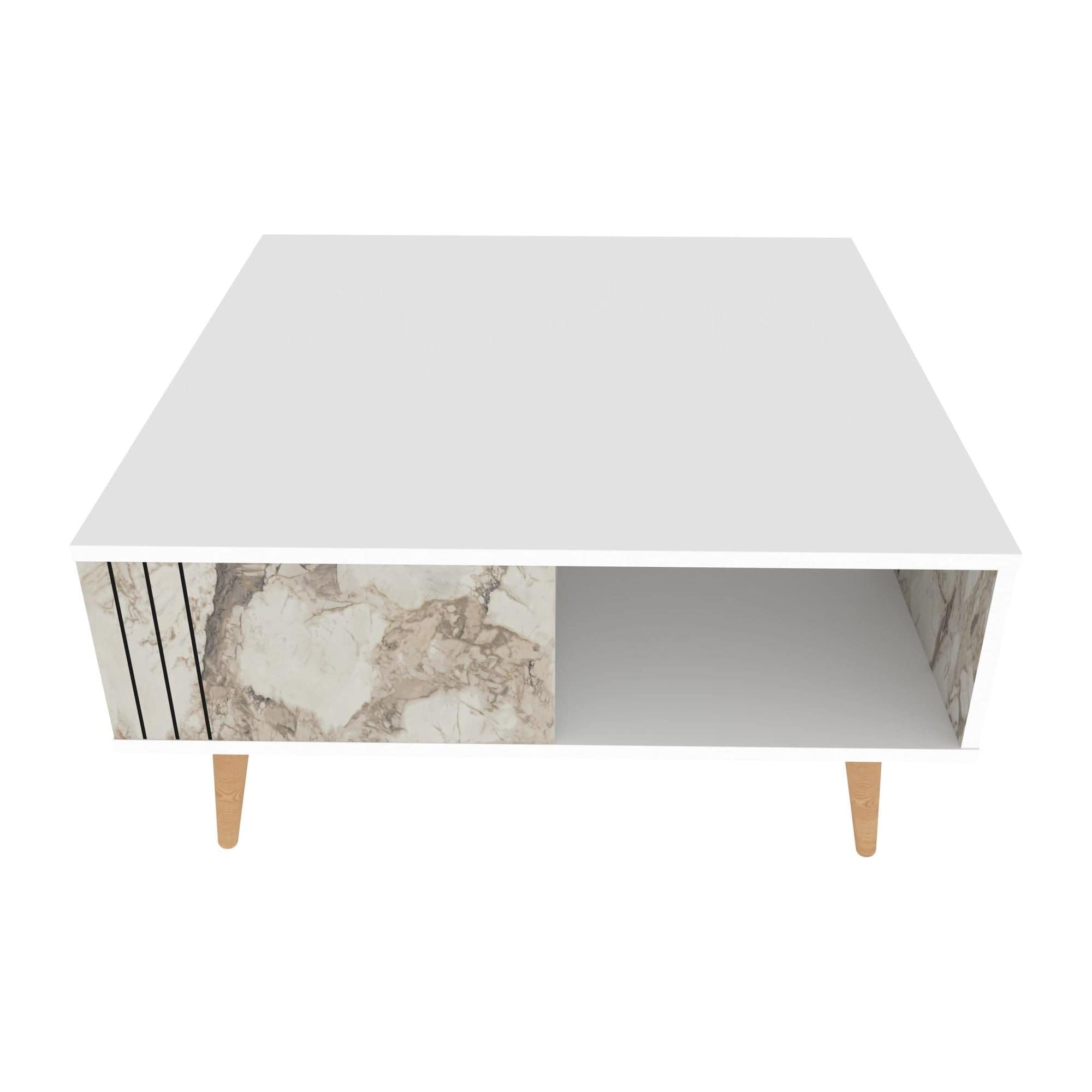 Masuta cafea Ronas, alb cu efect de marmura, PAL melaminat, 90x90x47 cm