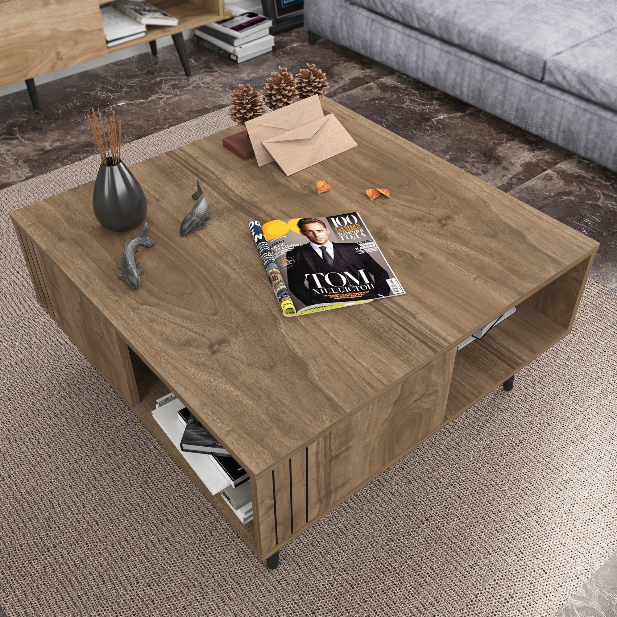 Masuta cafea Ronas, nuc, PAL melaminat, 90x90x46.5 cm