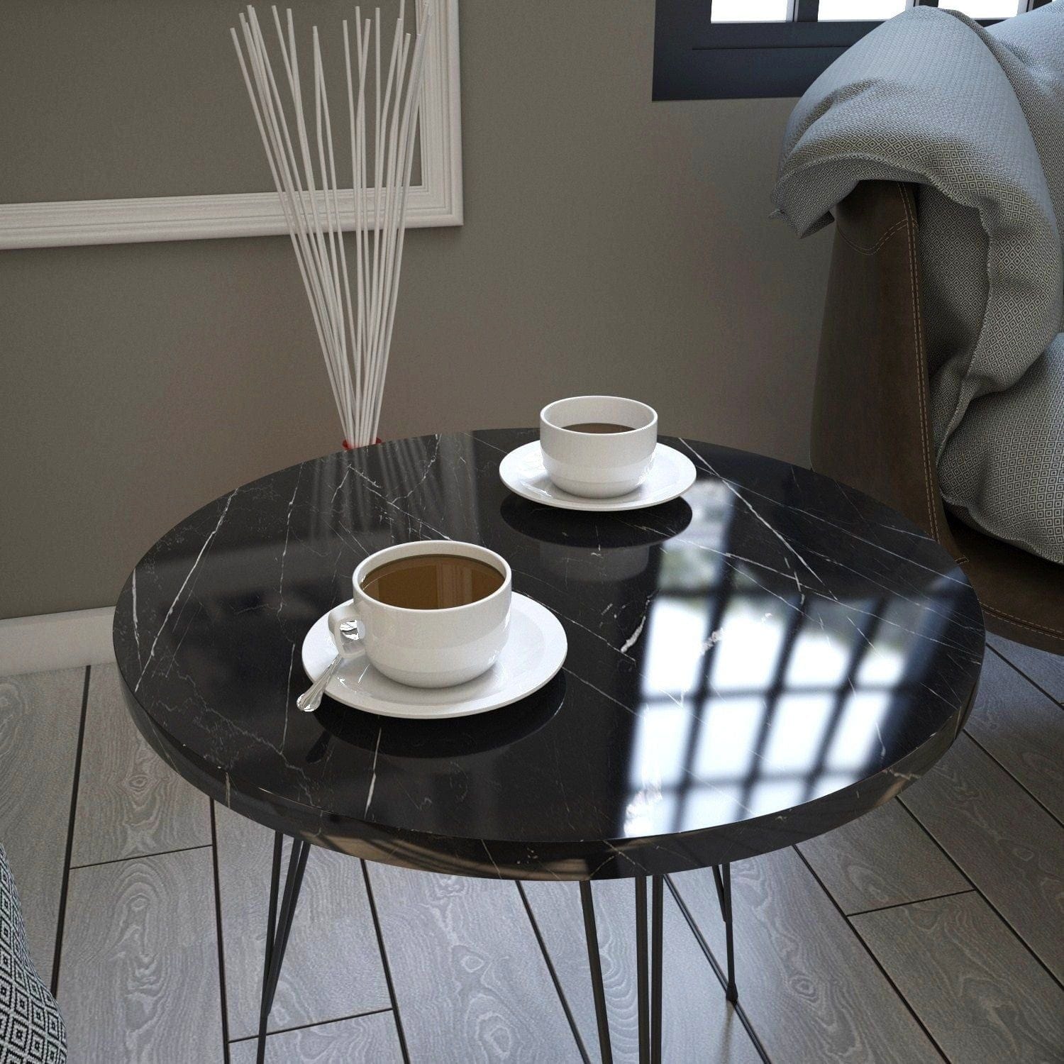 Masuta cafea Sandalf, negru cu efect de marmura, PAL melaminat/metal, 40x40x44 cm