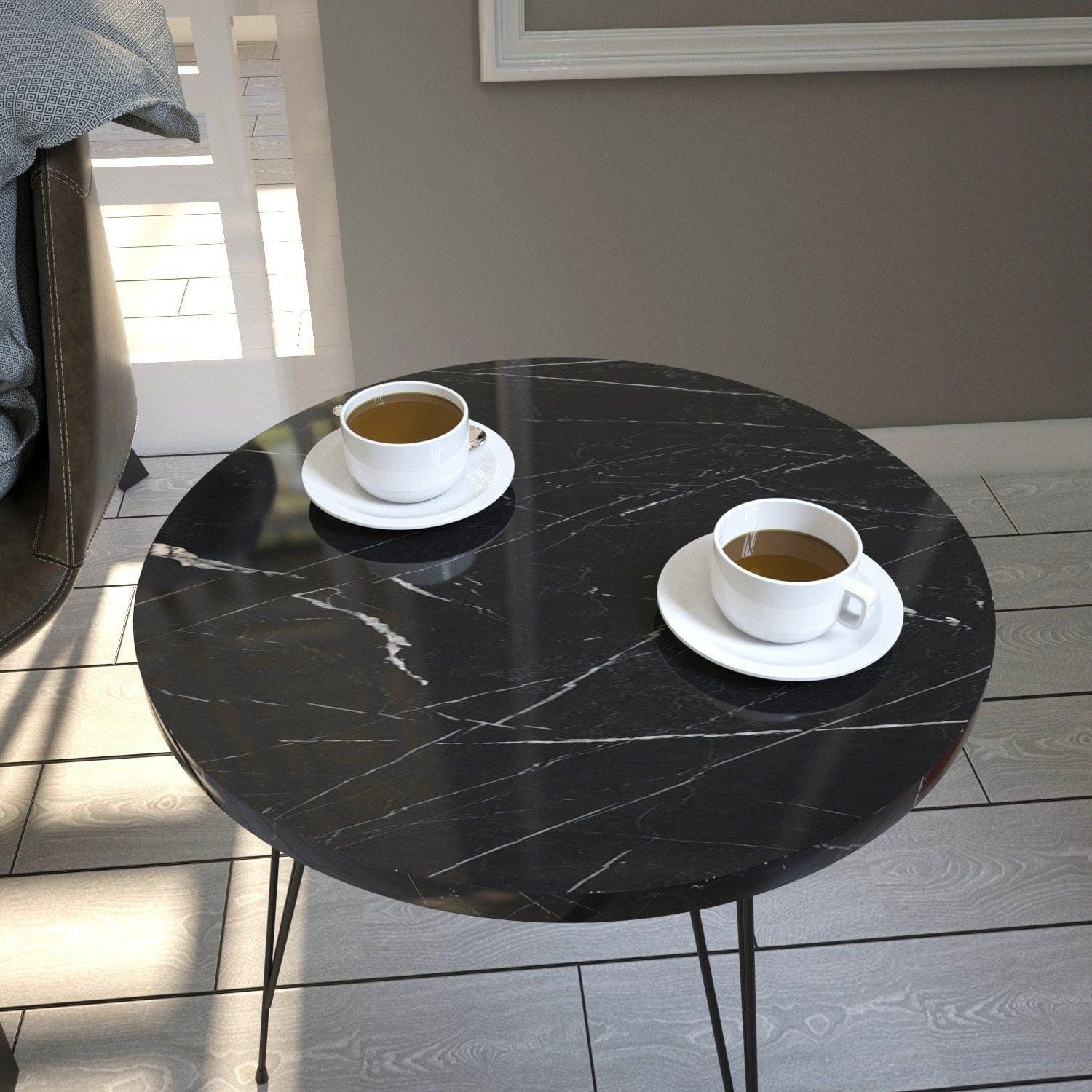 Masuta cafea Sandalf, negru cu efect de marmura, PAL melaminat/metal, 40x40x44 cm