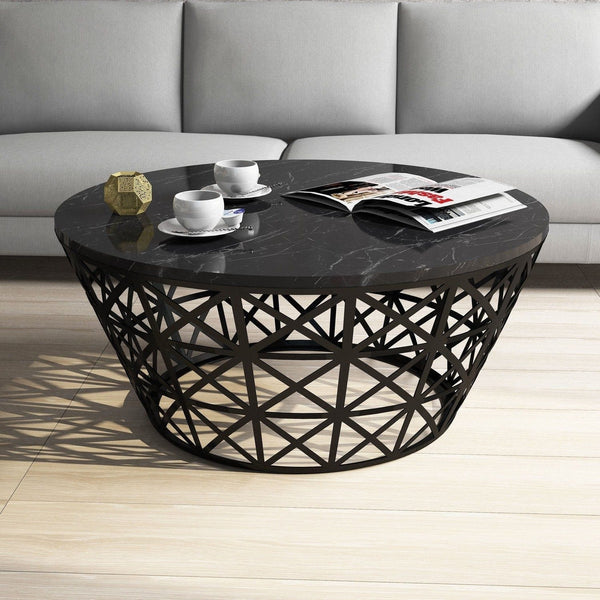 Masuta cafea Stil, negru cu efect de marmura, PAL melaminat/metal, 90x90x38 cm